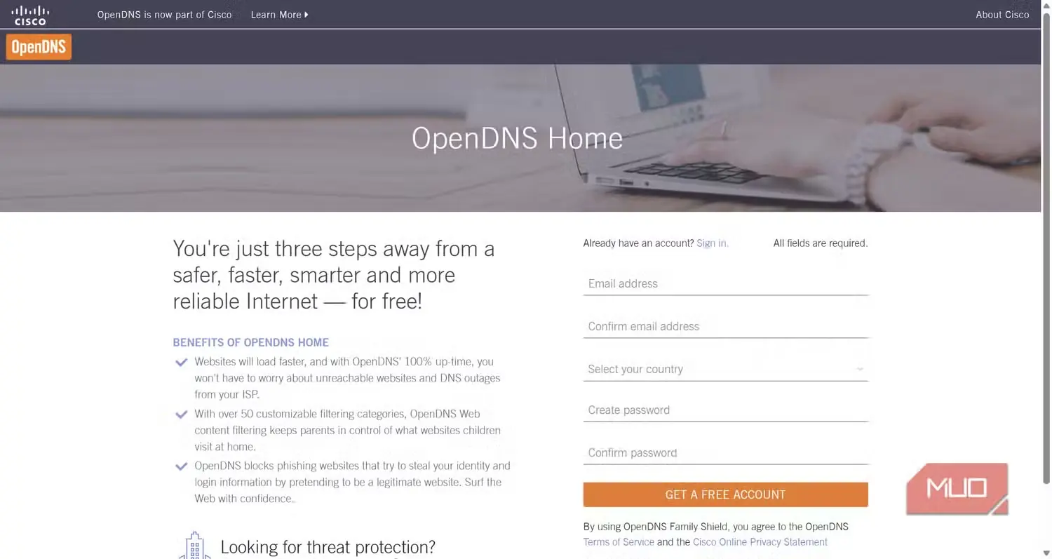 صفحه اصلی OpenDNS Home و صفحه ثبتنام سرویس