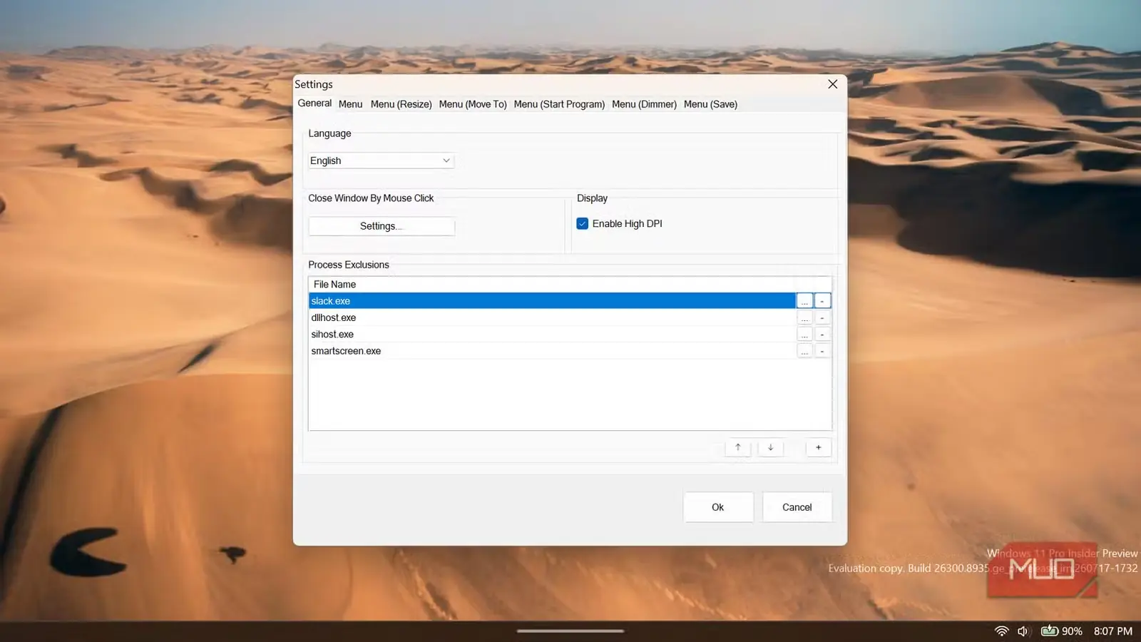 پنجره تنظیمات SmartSystemMenu با فهرست استثنائات فرآیند