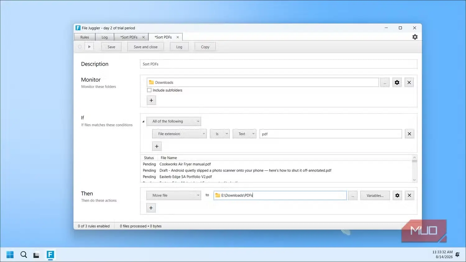ویرایشگر قواعد File Juggler برای مرتبسازی پروندههای PDF از پوشه دانلودها