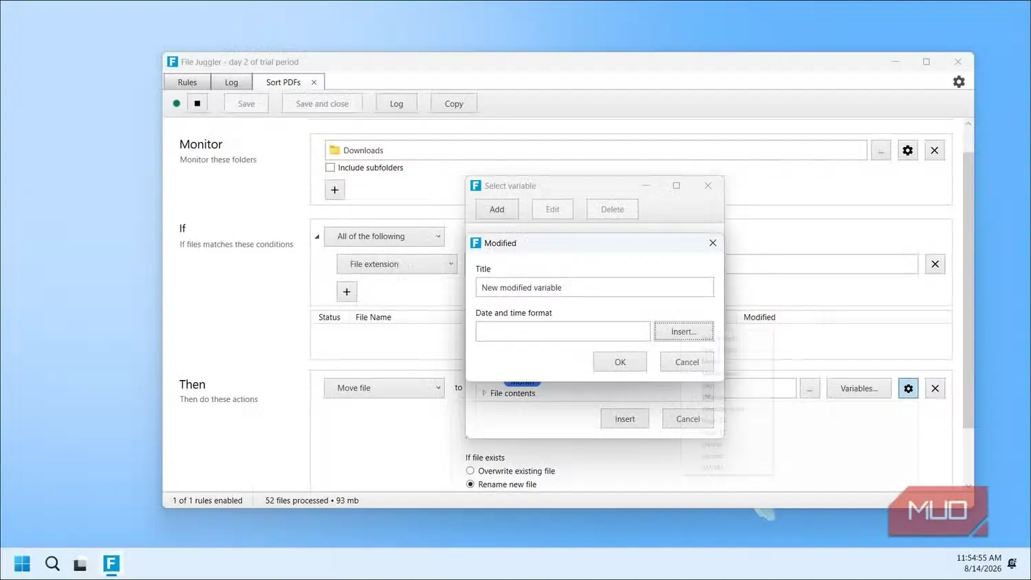 برنامه File Juggler در حال ایجاد قاعده مرتبسازی PDF با گفتوگوی باز متغیر