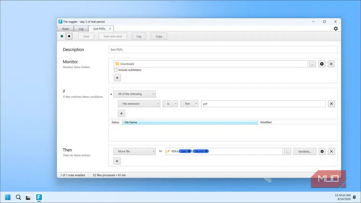 قاعده مرتبسازی PDF در File Juggler با پایشگر پوشه دانلودها و شرایط پسوند پرونده