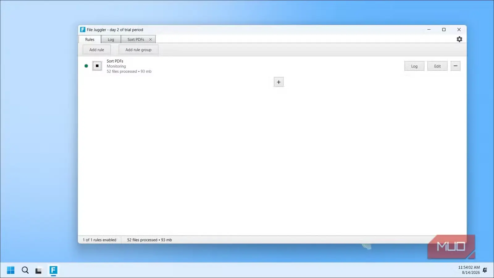 پایش قاعده مرتبسازی PDF در File Juggler با ۵۲ پرونده پردازششده به حجم ۹۳ مگابایت