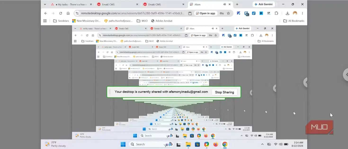 اتصال برقرارشده با Chrome Remote Desktop