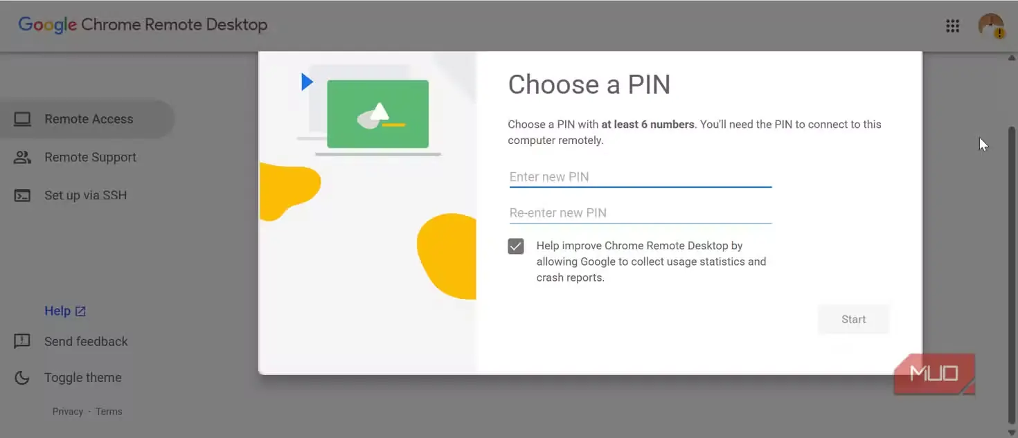 انتخاب پین برای میزبان Chrome Remote Desktop