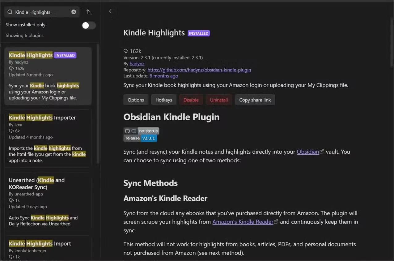 افزونه Kindle Highlights در مرورگر افزونههای جامعه Obsidian فهرست شده است