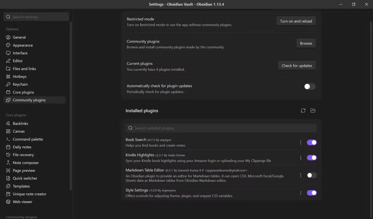 افزونه Kindle Highlights در فهرست افزونههای نصبشده Obsidian فعال شده است
