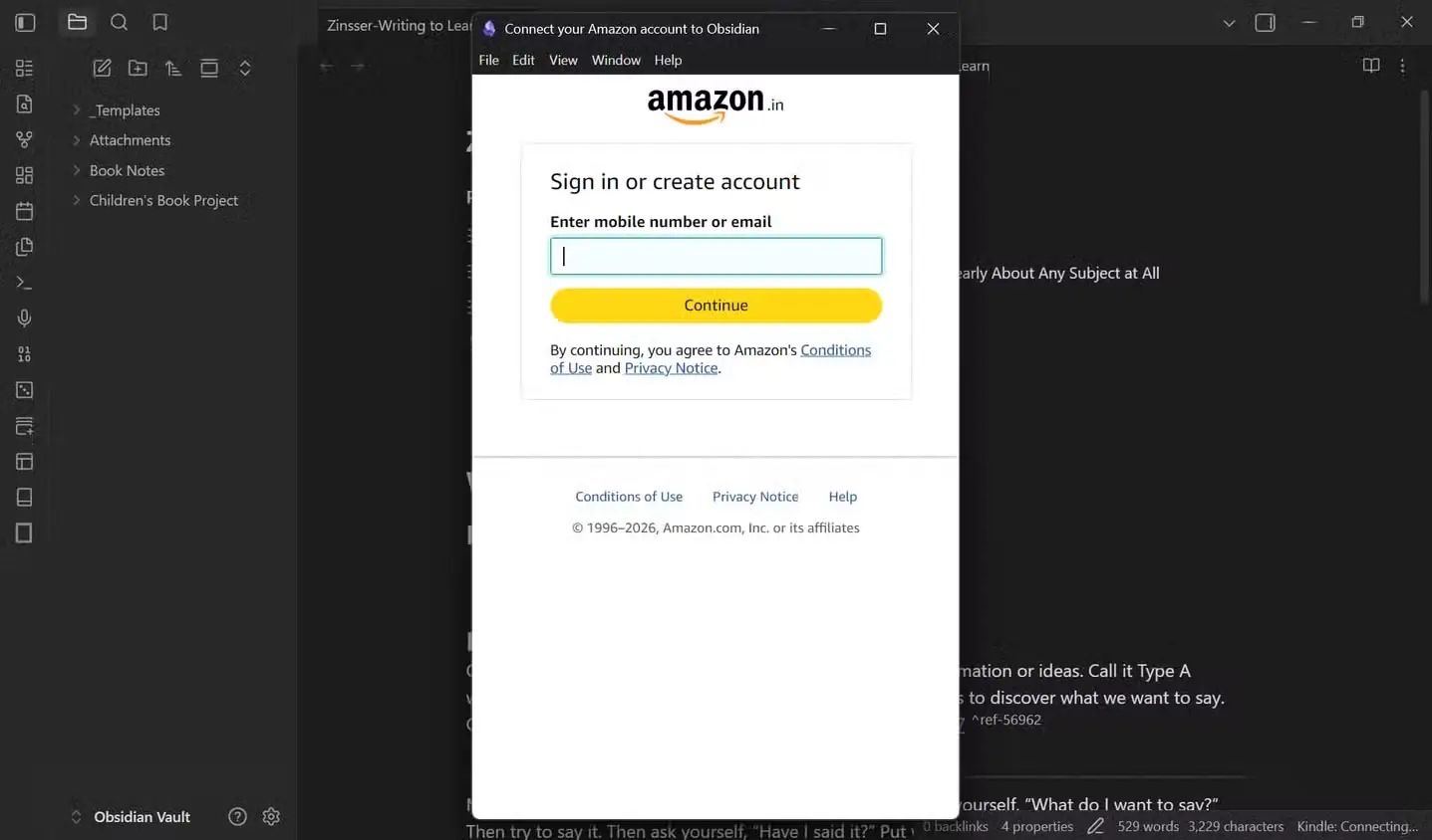 اعلان ورود Amazon در تنظیمات افزونه Kindle Highlights
