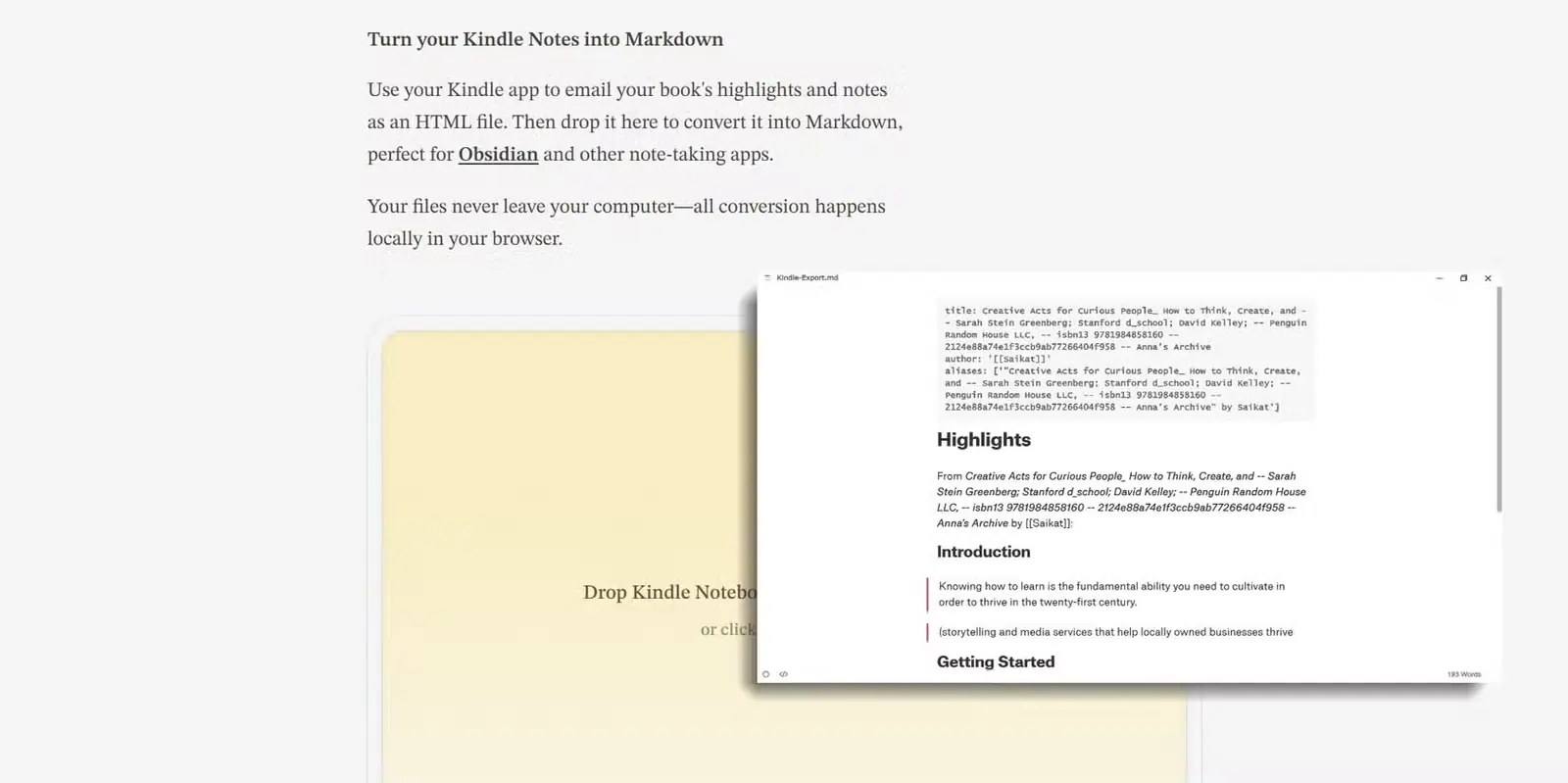 وبسایت kindle2md در حال تبدیل فایل HTML صادرشده Kindle به Markdown