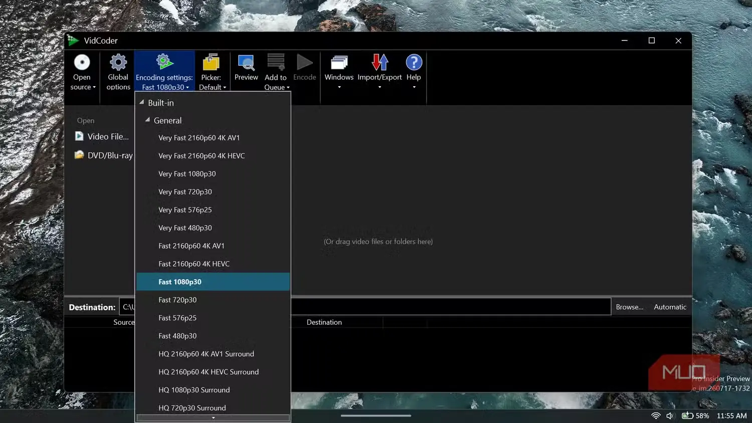 برنامه VidCoder پیشتنظیمهایی برای رزولوشنهای رایج، نرخ فریم، کدکها، دستگاهها و گردش کارها ارائه میدهد.