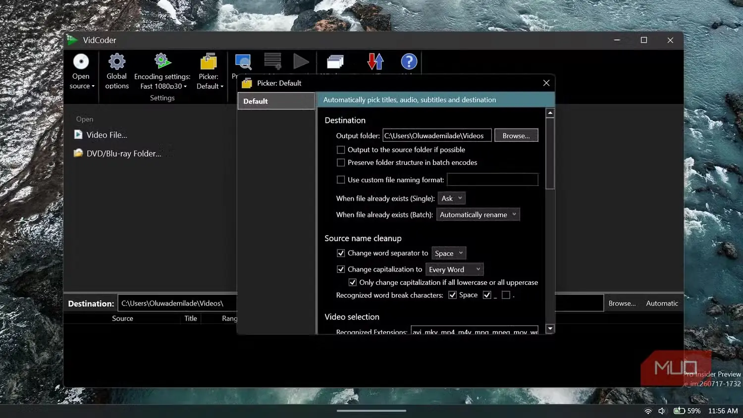برنامه VidCoder پنجره تنظیمات انتخابگر را نمایش میدهد؛ قوانین انتخابگر میتوانند مقاصد، مدیریت نسخههای تکراری، نام فایلها و پاکسازی نامها را نیز خودکار کنند.