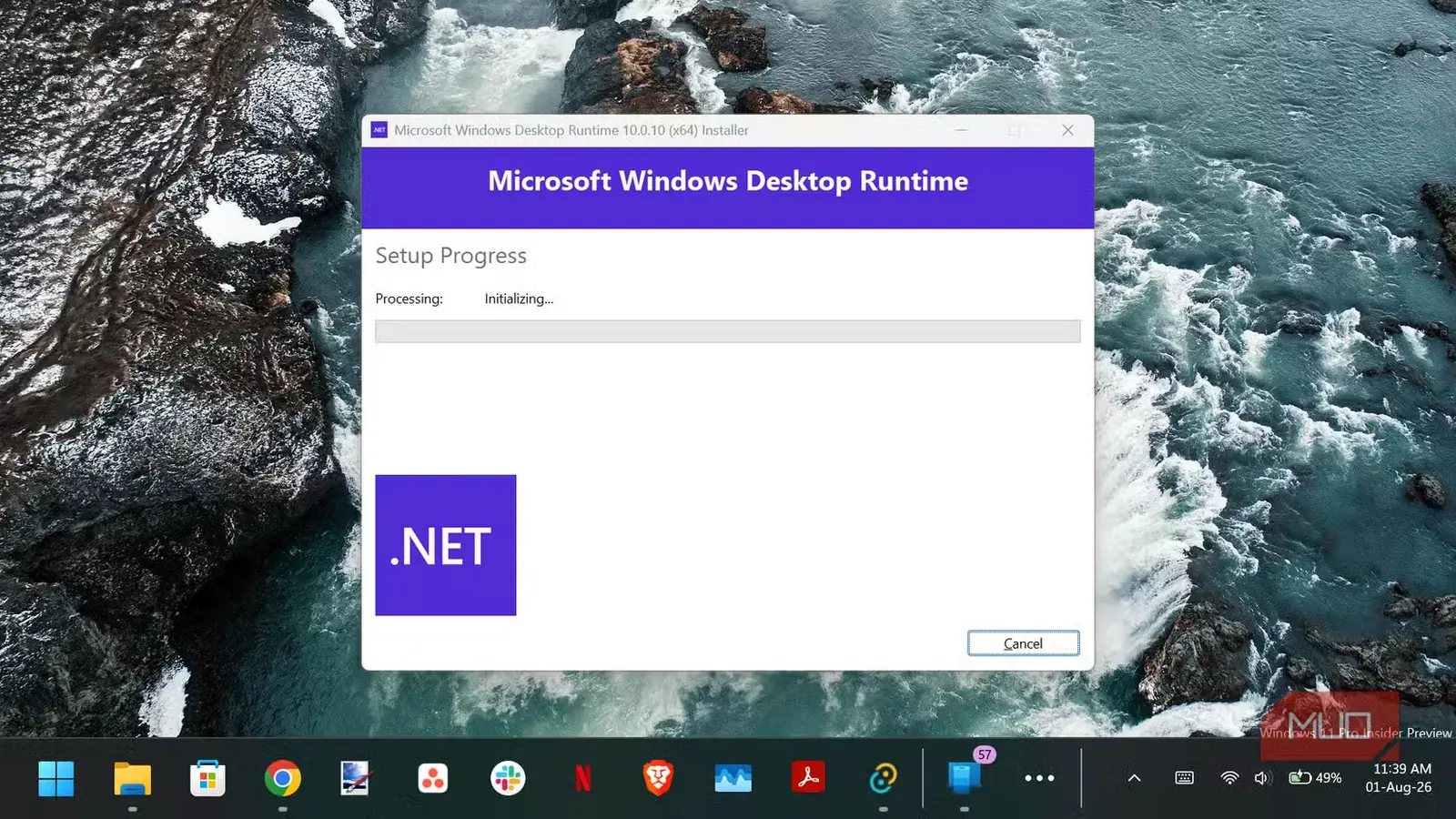 مراحل پیشروی نصبکننده Microsoft Windows Desktop Runtime.