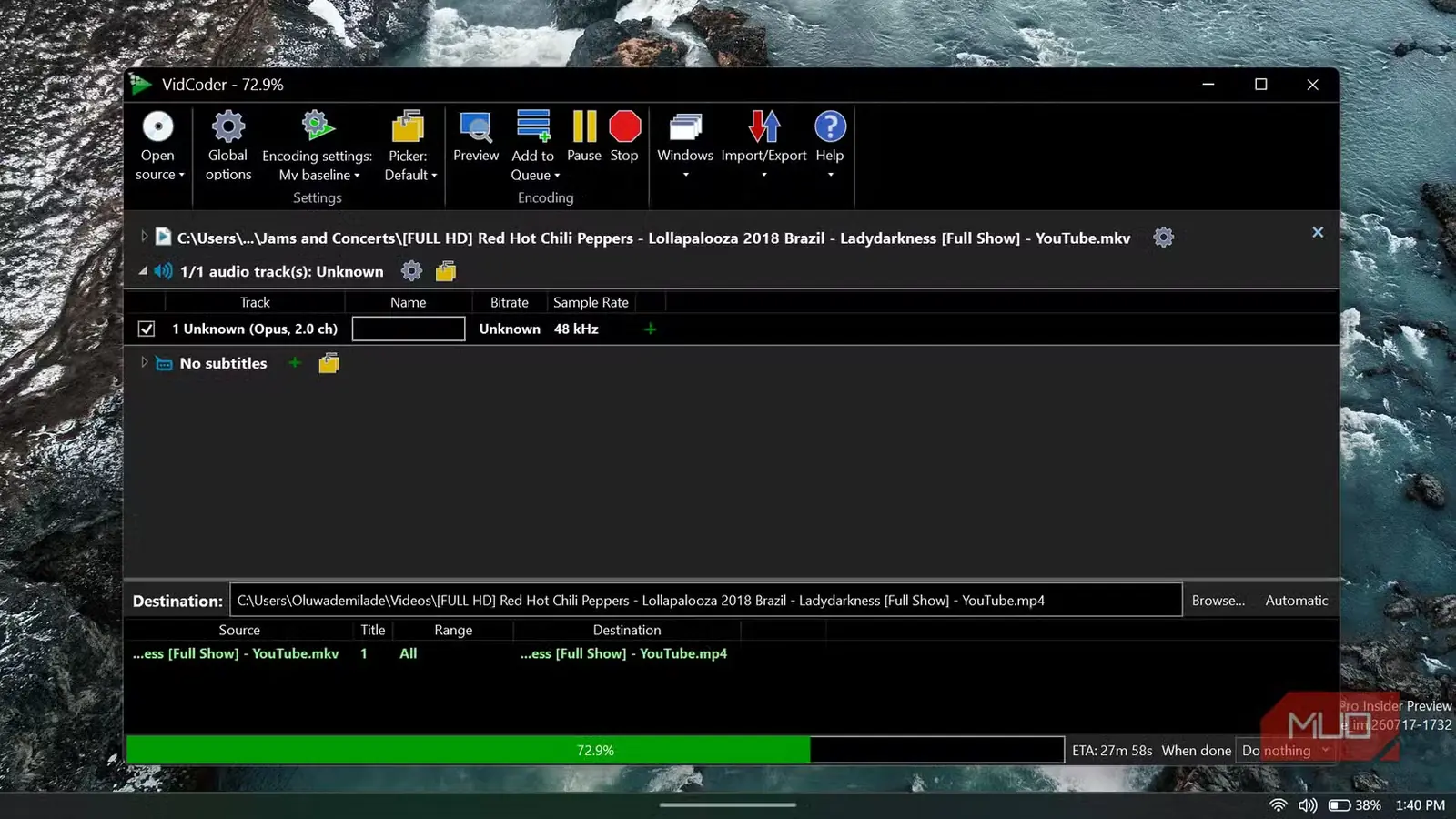 VidCoder در طول رمزگذاری درصد تکمیلشده، زمان تخمینی باقیمانده، مسیر خروجی و جزئیات ترکهای پخش را نمایش میدهد.