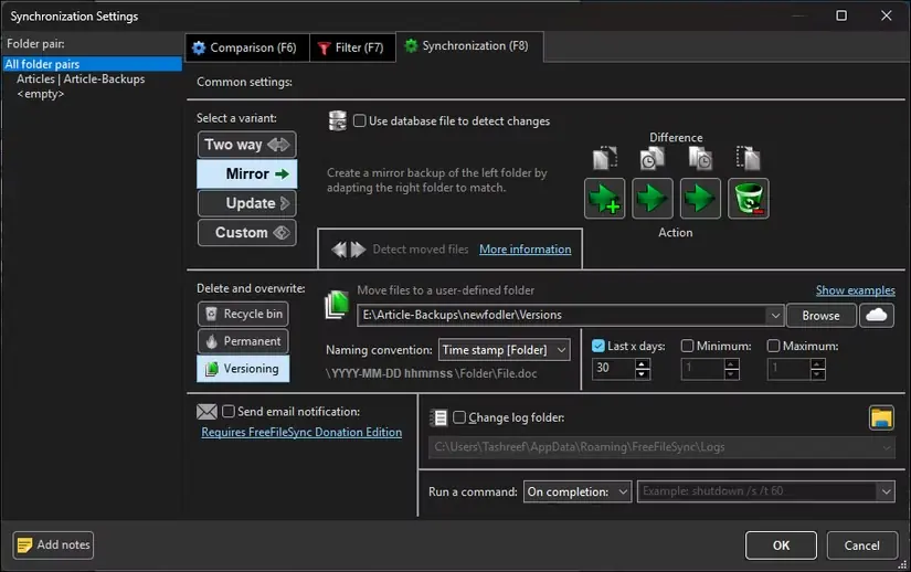 پنجره تنظیمات همگامسازی FreeFileSync