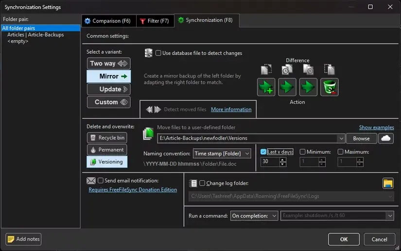 نسخهبندی همگامسازی FreeFileSync