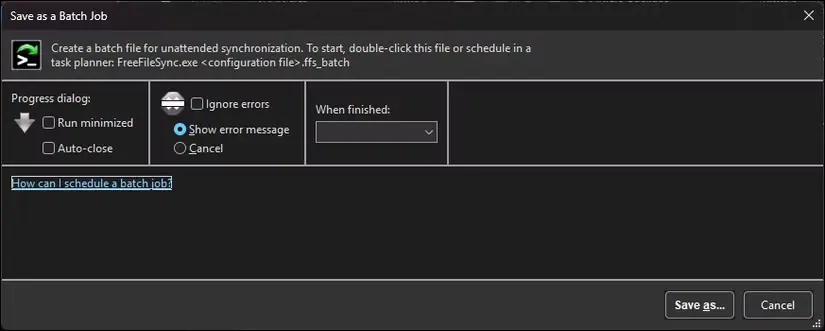 ذخیره بهعنوان کار دستهای در FreeFileSync