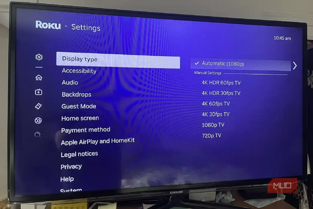 گزینههای مختلف نمایشگر در تنظیمات Roku
