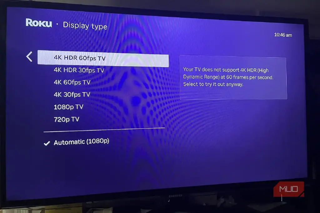 انتخاب تنظیمات 4K HDR 60fps در Roku