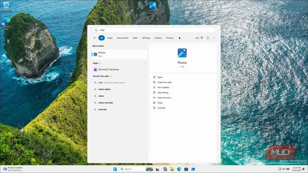 نتایج جستجوی ویندوز ۱۱ برای برنامههای ویدیویی با برنامه Photos
