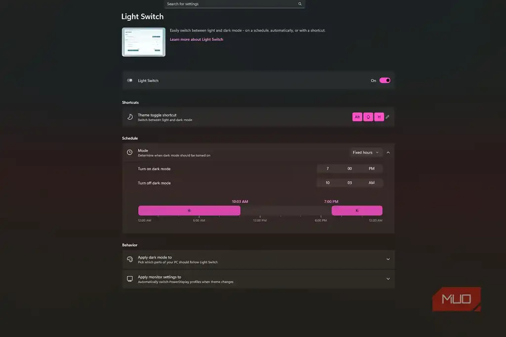 تنظیمات Light Switch با منوی بسته شده