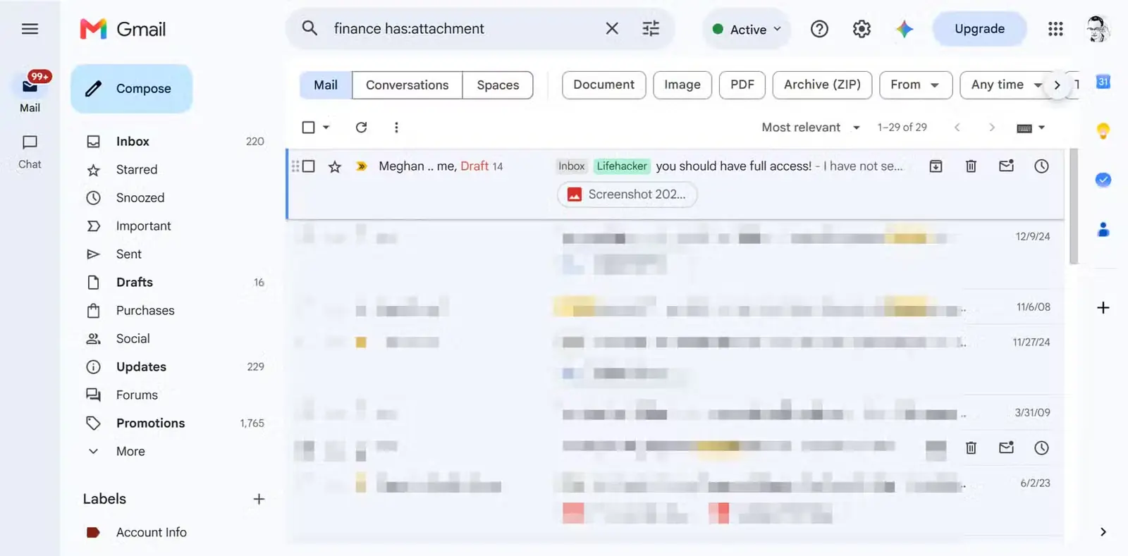 نوار جستوجوی Gmail با فیلتر has:attachment.