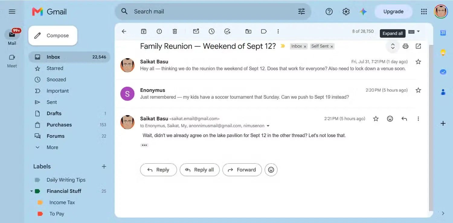 یک گفتوگوی رشتهبندیشده در Gmail.