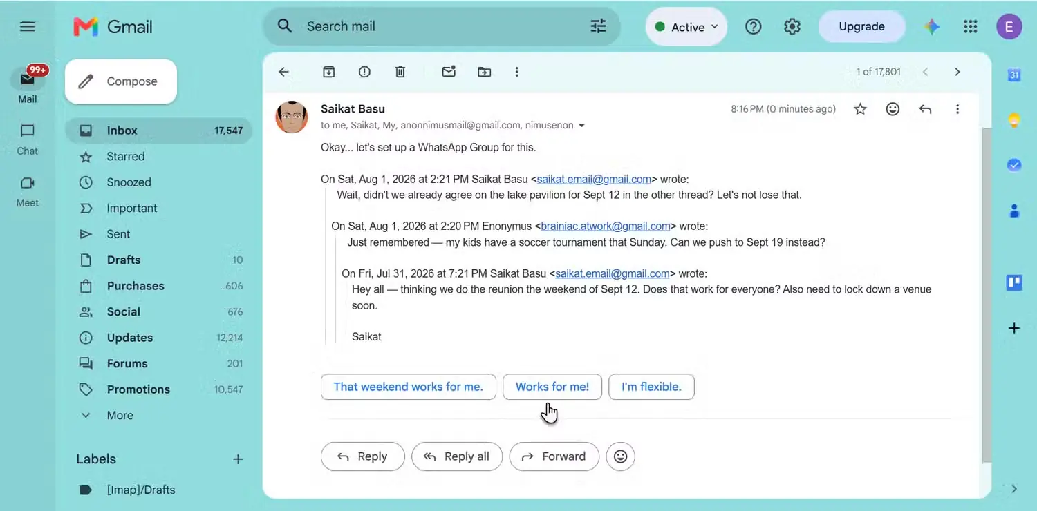 دکمههای پاسخ سریع Smart Reply زیر یک پیام Gmail.