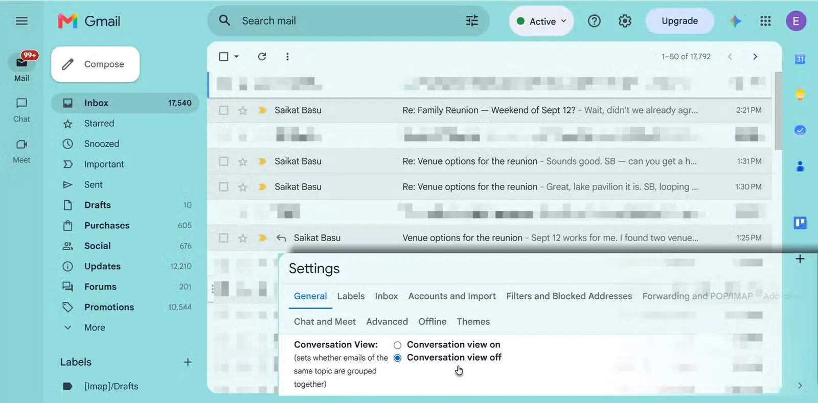 صندوق ورودی Gmail با نمای گفتوگوی غیرفعال که پیامها را بهصورت جداگانه نشان میدهد.
