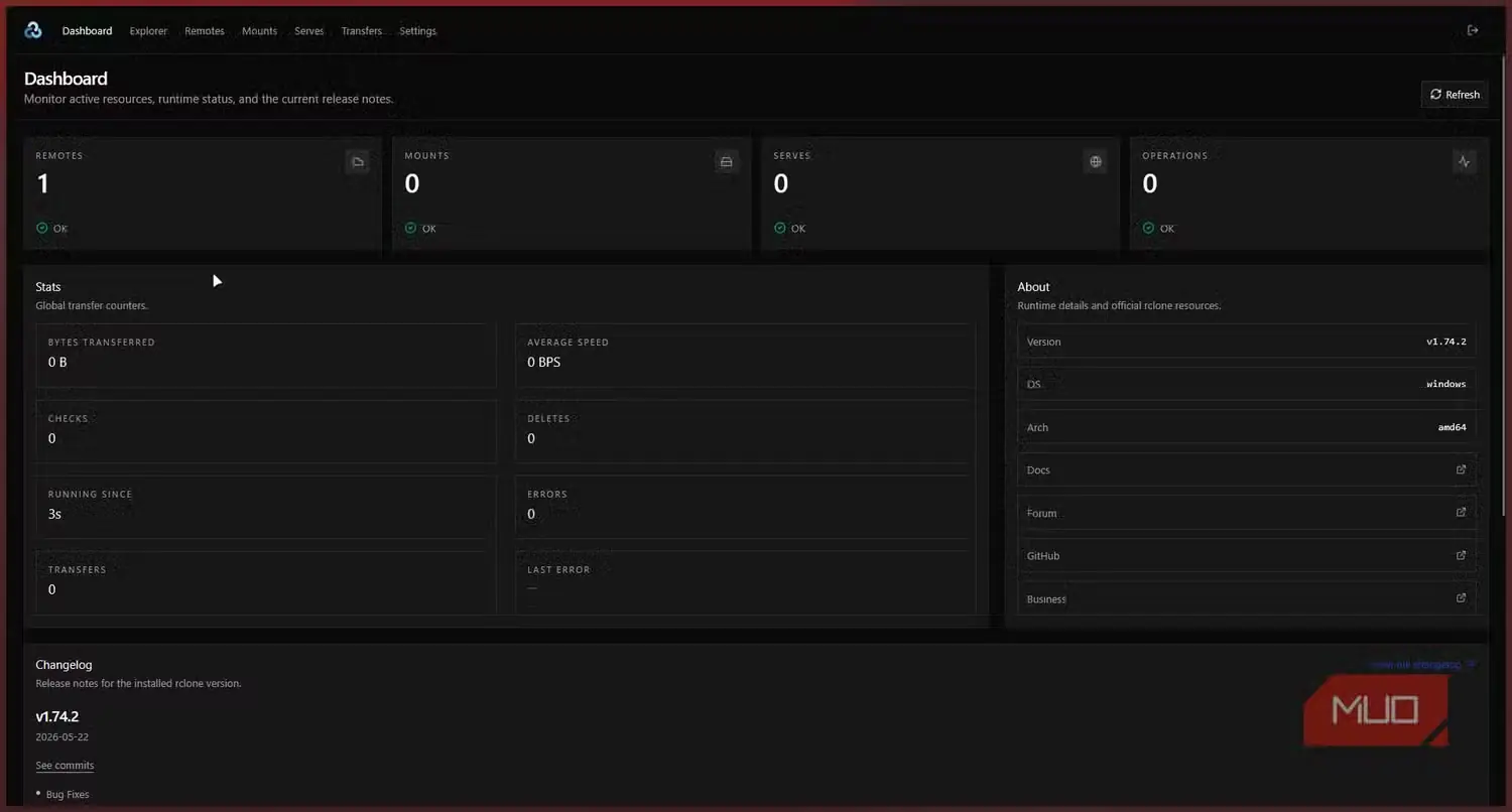 داشبورد وب Rclone برای مدیریت اتصال‌ها