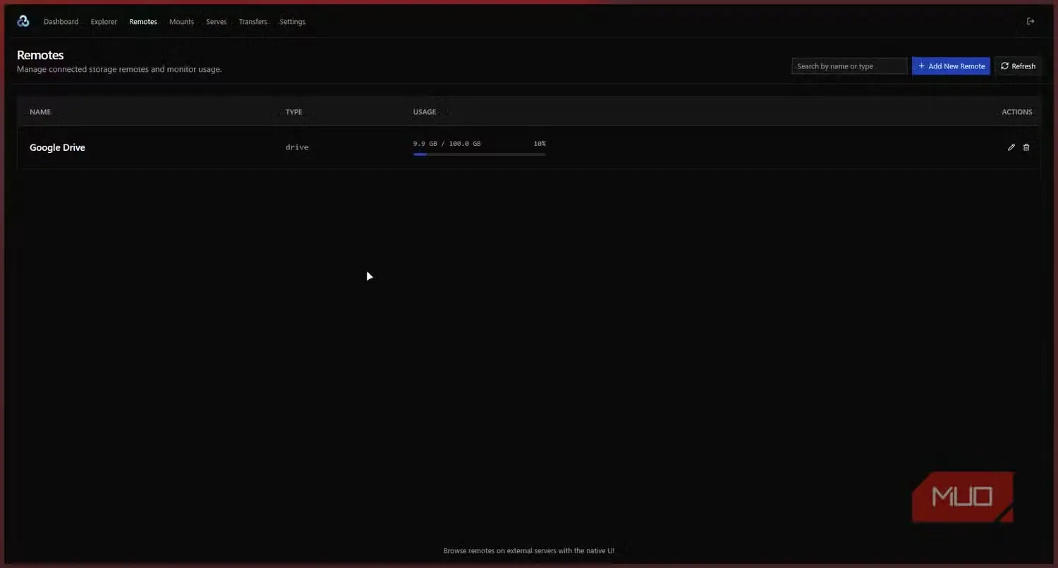 صفحه اتصال‌های راه‌دور Rclone