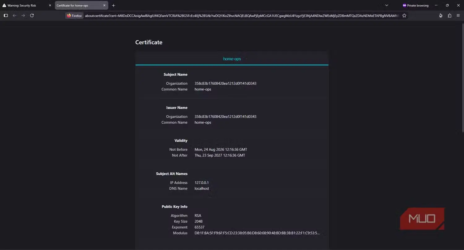 جزئیات گواهی خودامضای Cockpit در مرورگر