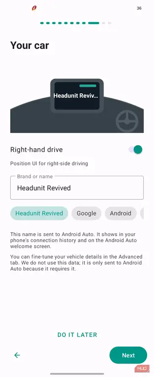 صفحه پیکربندی Android Auto برای خودروهای فرمان راست