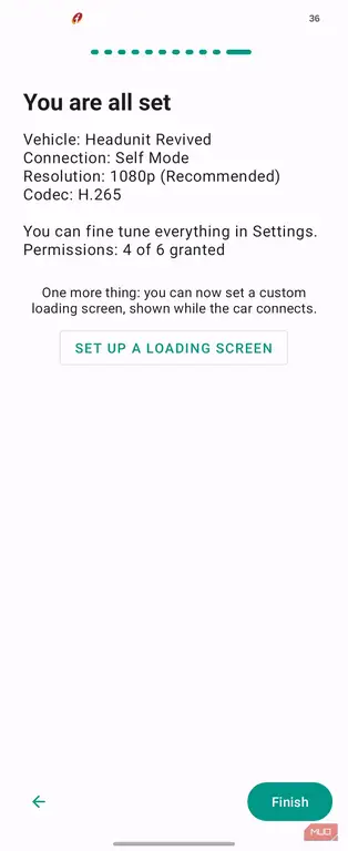 صفحه تأیید تکمیل تنظیمات Headunit Revived با تنظیمات اتصال