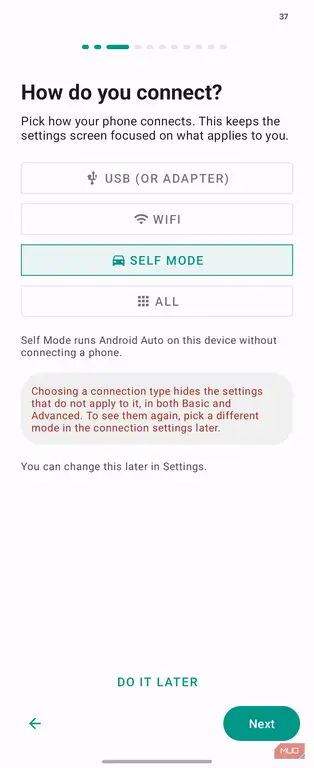 صفحه انتخاب نوع اتصال Android Auto با تأکید بر Self Mode