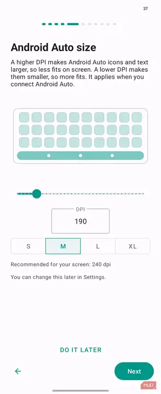 صفحه تنظیمات DPI و اندازه Android Auto با انتخاب اندازه M