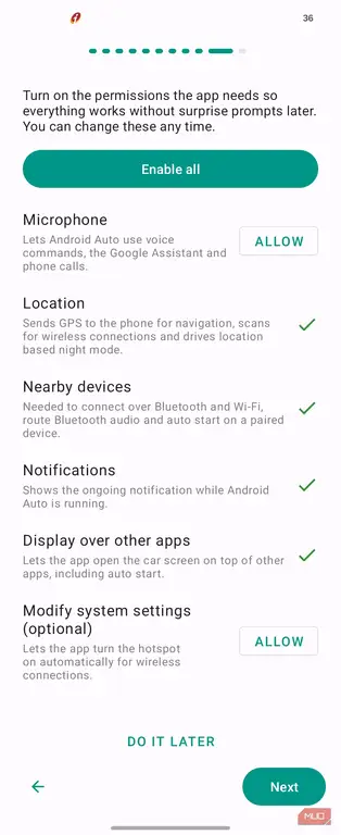 صفحه مجوزهای اپلیکیشن Android Auto Headunit Revived