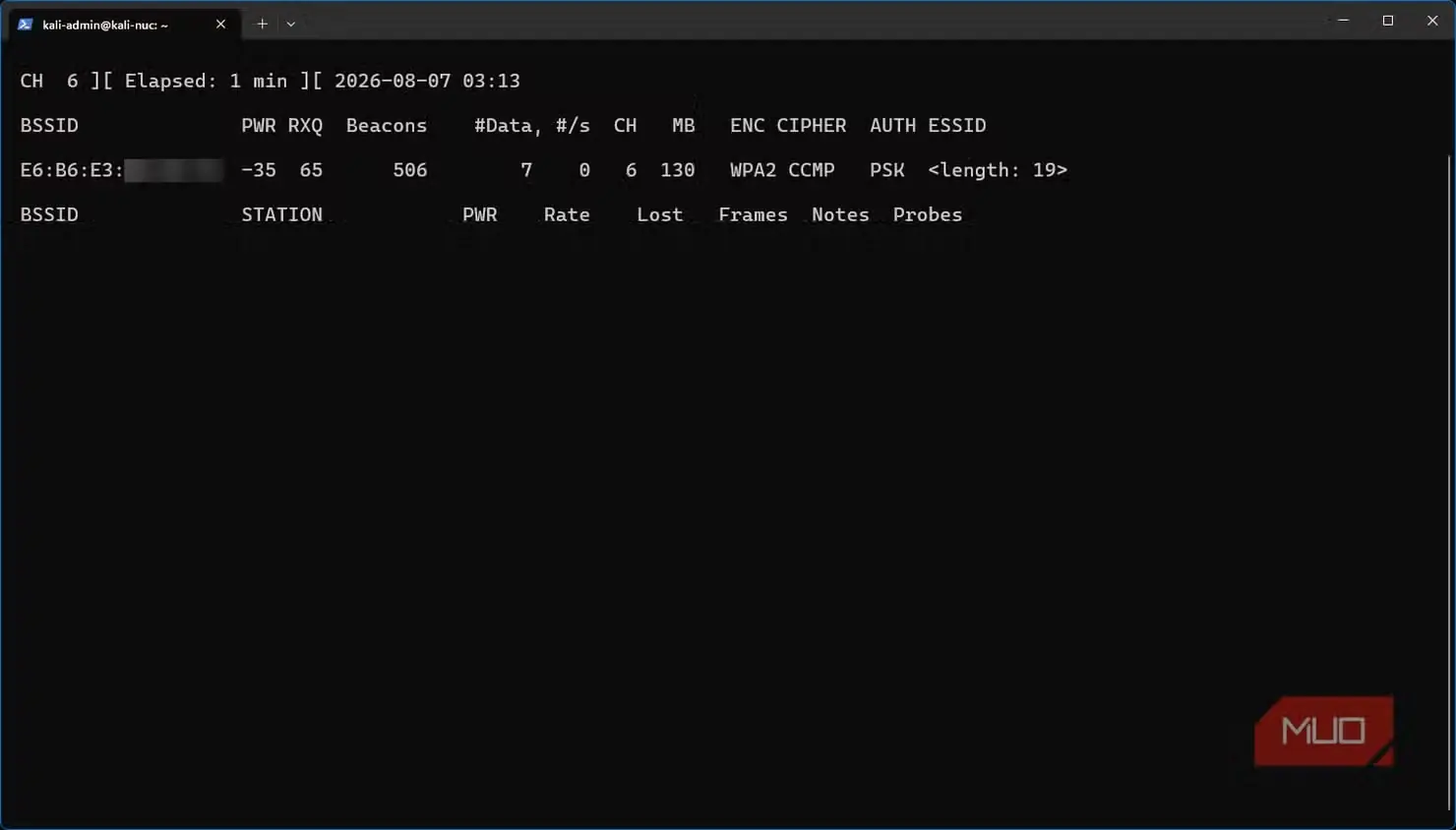 پایش با Airodump-ng در Kali Linux و نمایش طول SSID برابر ۱۹