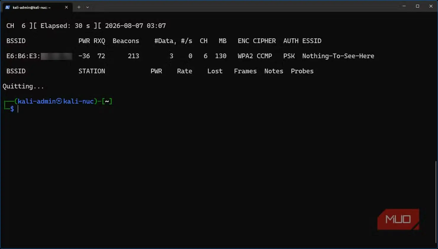 پایش با Airodump-ng در Kali Linux بر اساس BSSID و نمایش SSID شبکه‌ی مخفی