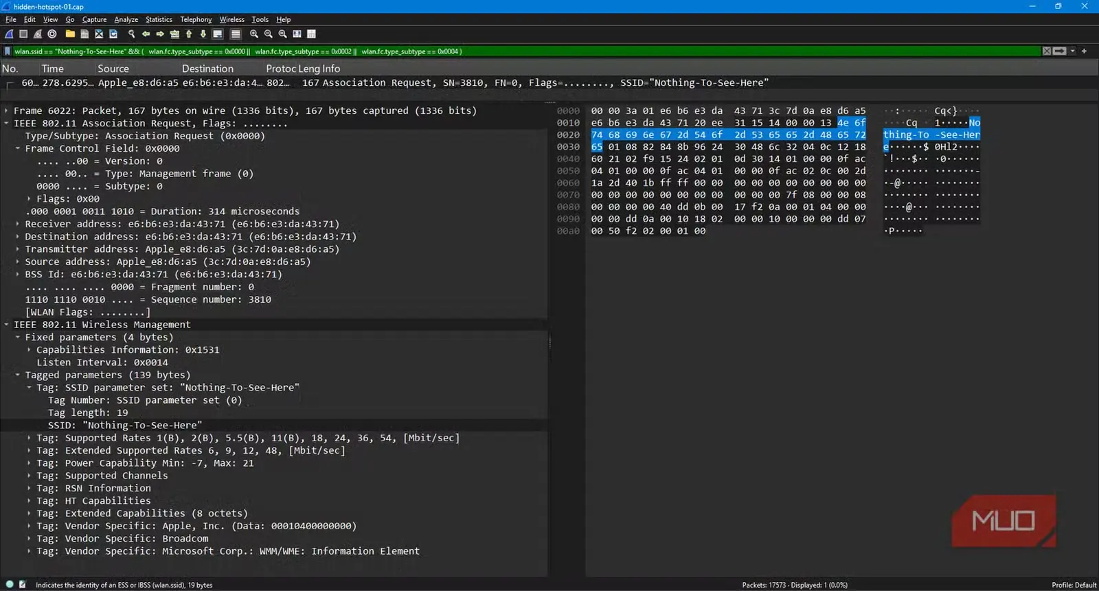 تحلیل Wireshark از پرونده‌ی .cap به دست آمده از پایش Airodump-ng و نمایش نام SSID مخفی