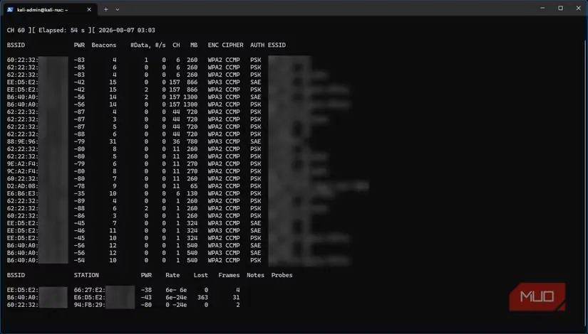 پایش با Airodump-ng در Kali Linux در هر دو باندهای ۲٫۴ و ۵ گیگاهرتز و نمایش شبکه‌های مجاور