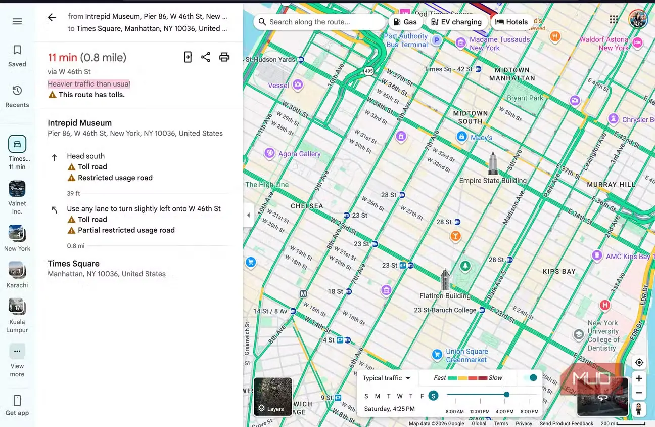 نقشه گوگل با نمای دور روی منطقه میدتاون منهتن، نمایش ساختمانهای امپایر استیت و فلتآیرون در نزدیکی مسیر