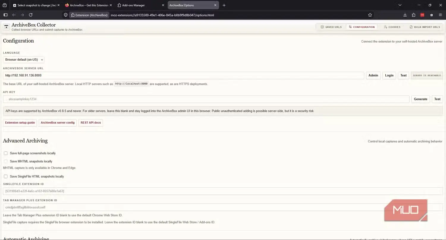 پیکربندی افزونه ArchiveBox فایرفاکس و آزمایش سرور