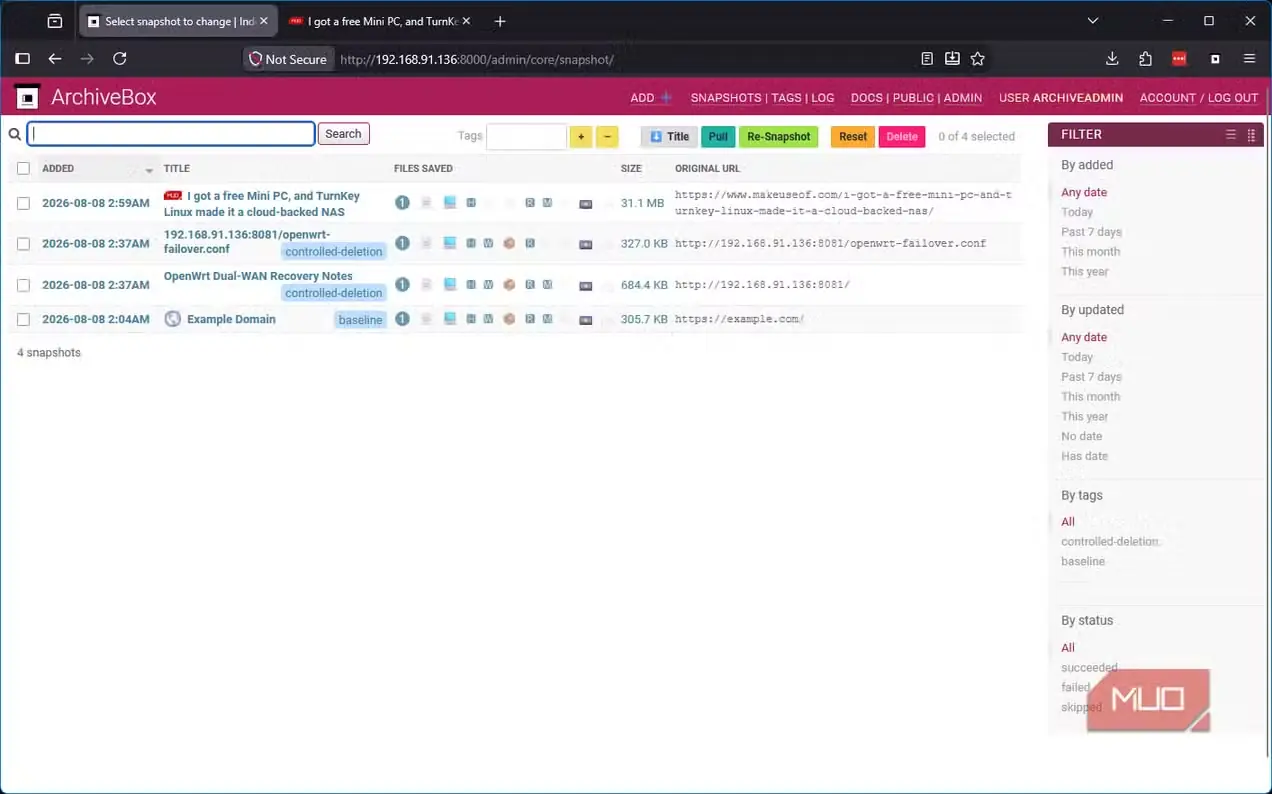وبسایت با موفقیت آرشیوشده در ArchiveBox که از افزونه فایرفاکس وارد شده است