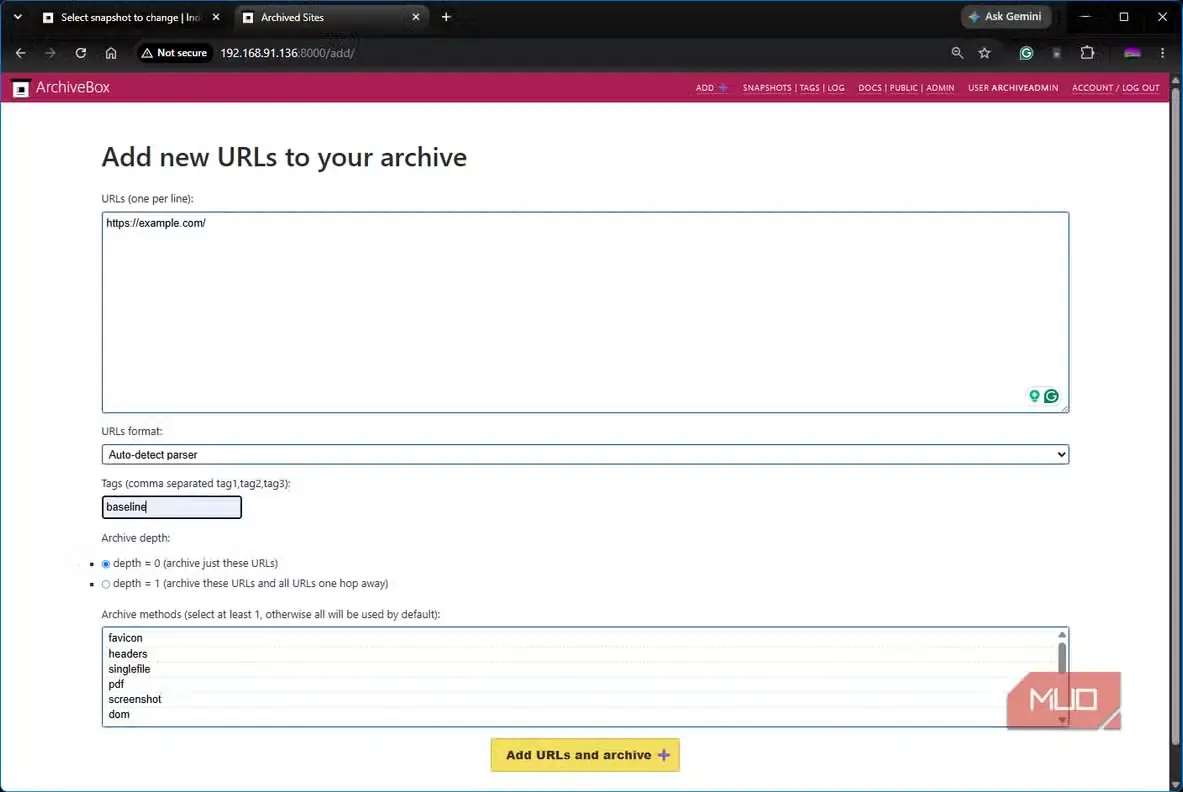 ArchiveBox در حال افزودن نشانی برای نماگرفت و بایگانی example.com