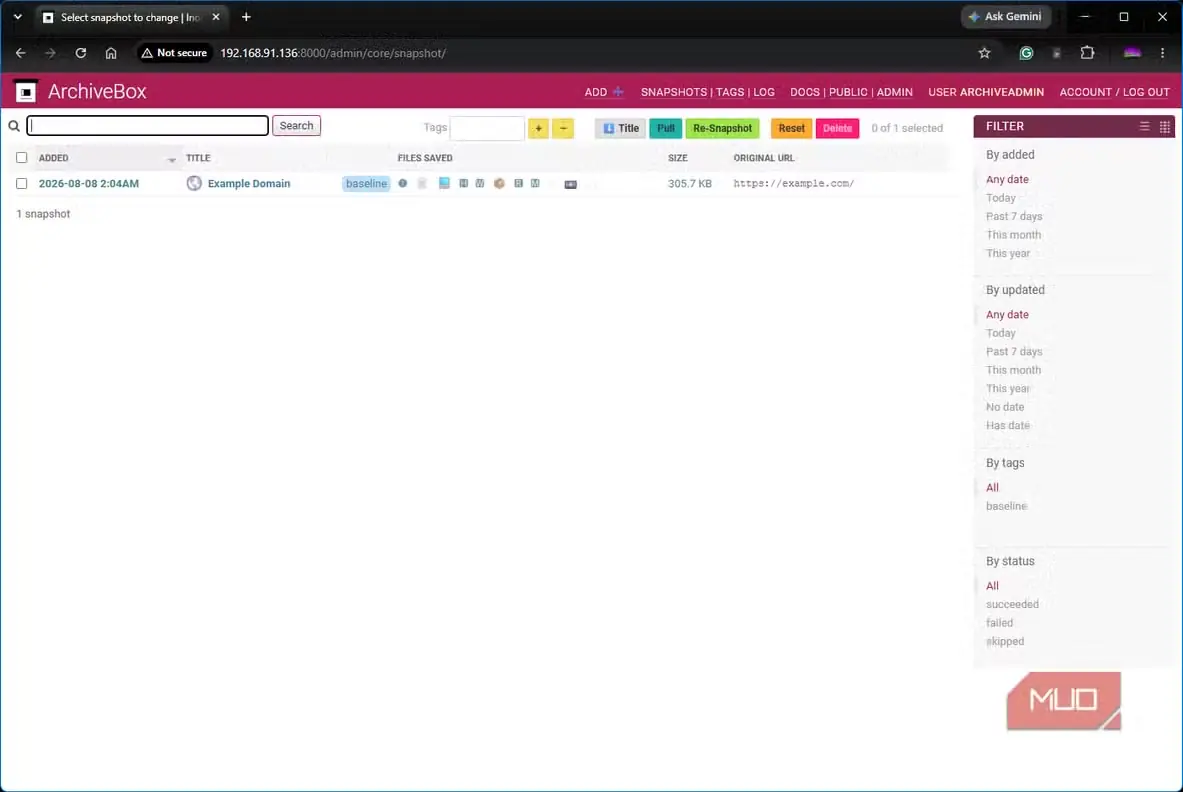 داشبورد ArchiveBox نشان میدهد بایگانی example.com با موفقیت انجام شد