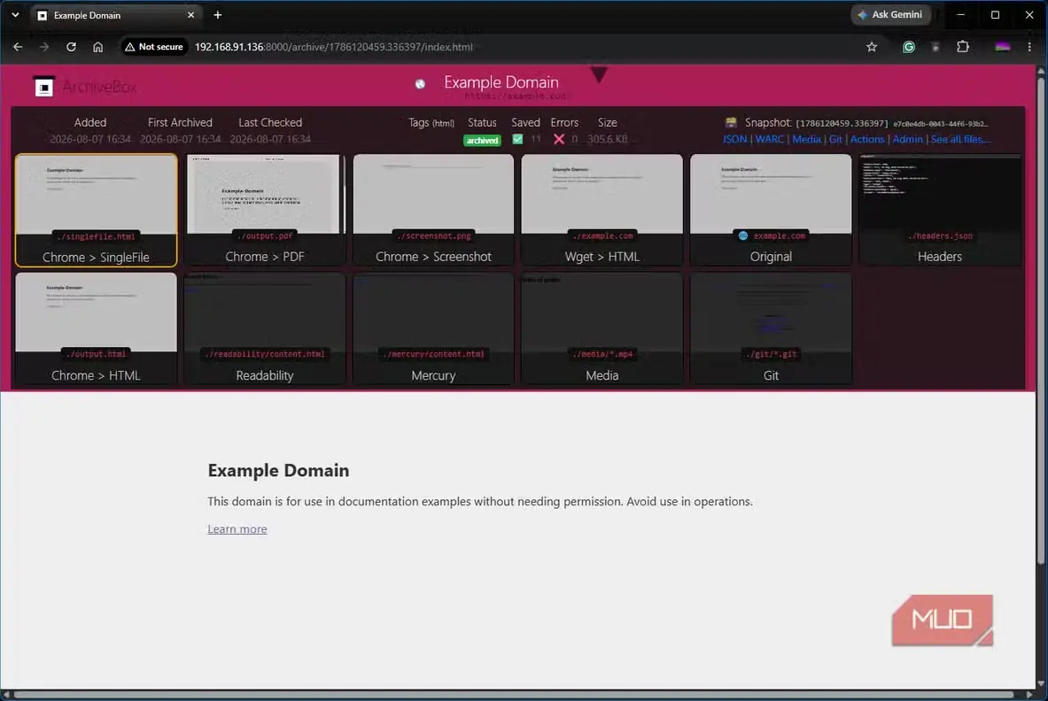 ArchiveBox با بایگانی example.com باز و قالبهای نگهداشتهشده قابل مشاهده
