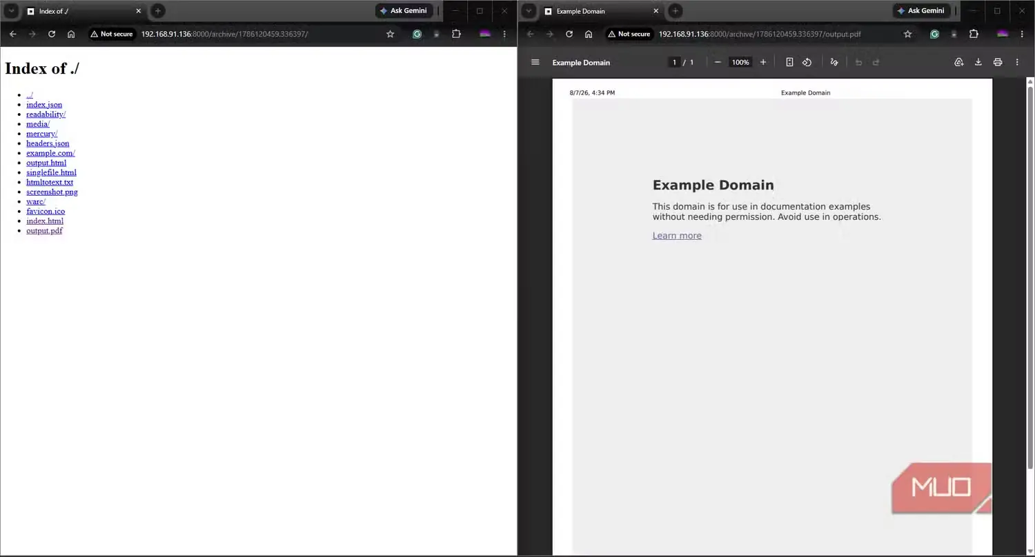 ArchiveBox وبگاه example.com با تمام قالبها و نماگرفت PDF قابل مشاهده