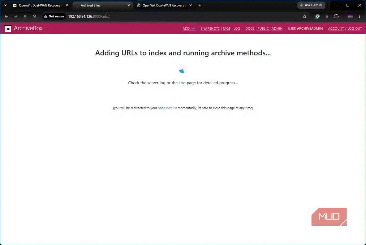داشبورد ArchiveBox در حال افزودن نشانی برای بایگانی