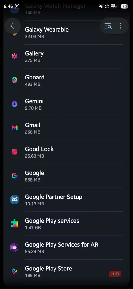 فهرست برنامههای Android نشاندهندهٔ برنامههای Google و مصرف حافظهٔ آنها