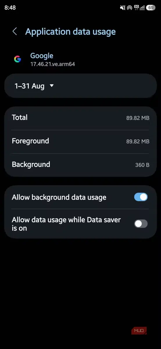مصرف دادهٔ برنامه Google با دادهٔ پسزمینه فعال