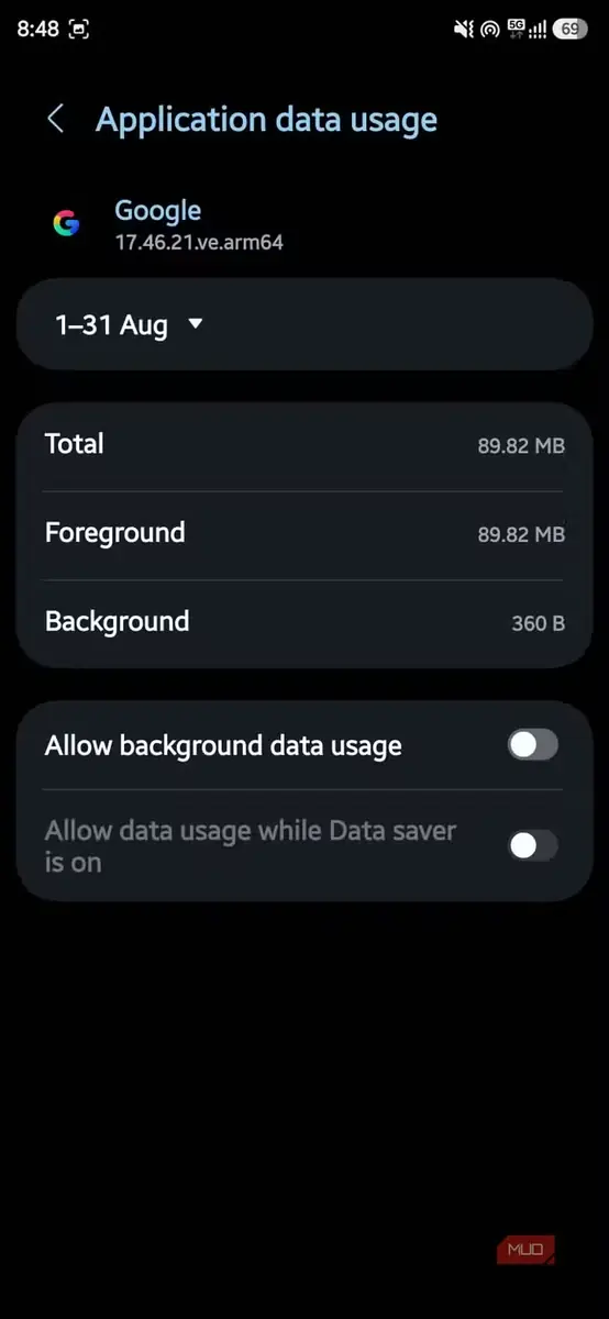 مصرف دادهٔ برنامه Google با دادهٔ پسزمینه غیرفعال